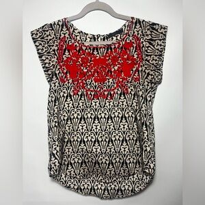 THML Black & Cream Pattern Red Embroidered Blouse Women’s Small